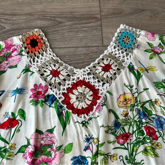 V Neck Kaftan Ruffle Sleeve Crochet Trim Bohemian Top With Fringe - Picture 5 of 13